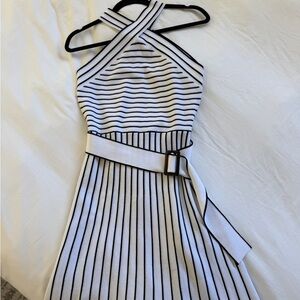Ann Taylor White and Black Striped Strapless Dress